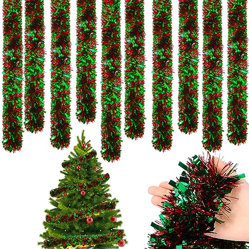 Cindeer 66 Feet/20 Meters Christmas Tinsel Garland Decoration Chunky Tinsel Thick Hanging Luxury Tinsel for Christmas Party Indoor and Outdoor Decor(Red, Green)
