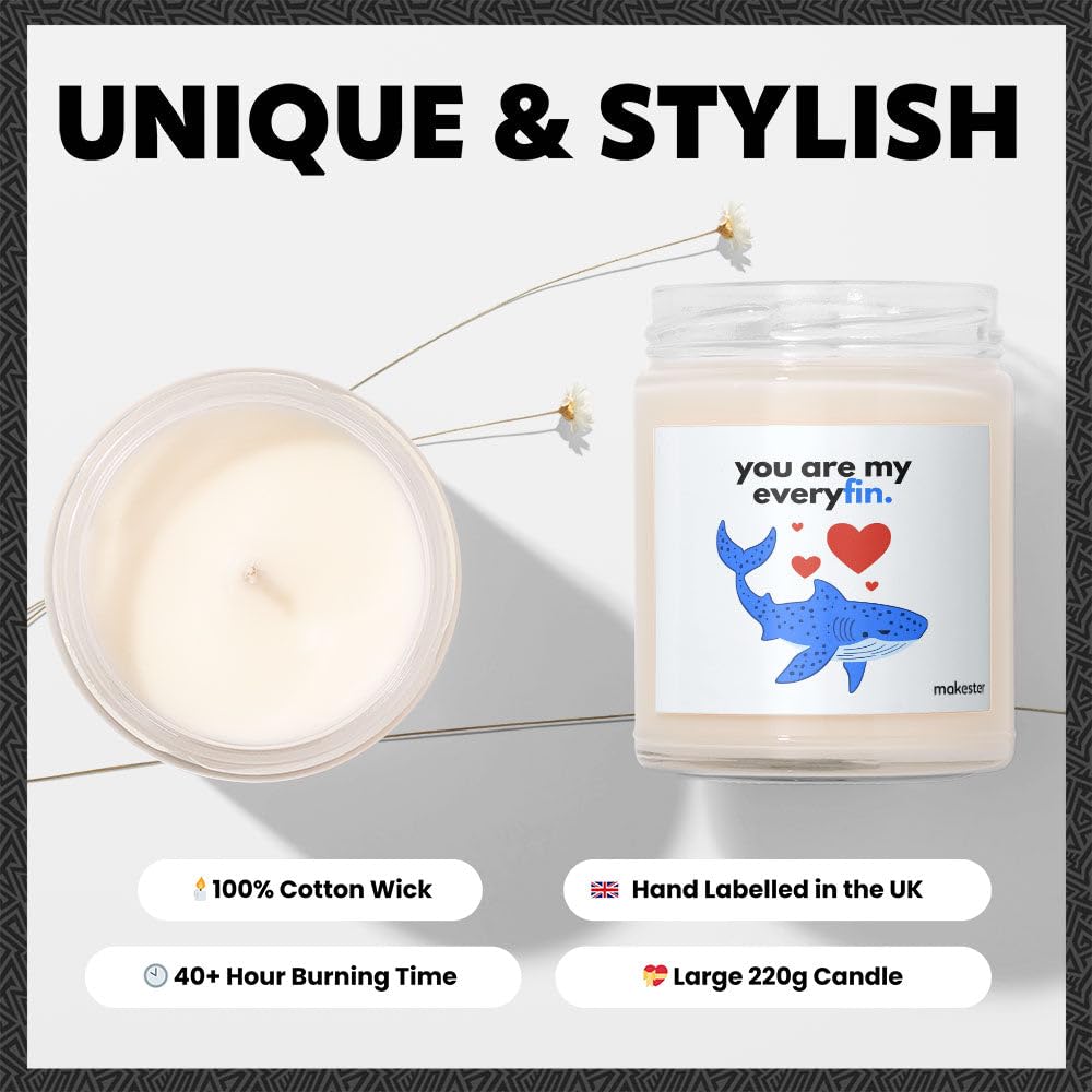 Shark Gifts - Luxury Soy Wax Candle - Vanilla, Jasmine, Sugared Almond - Makester, White, 220g - Image 3