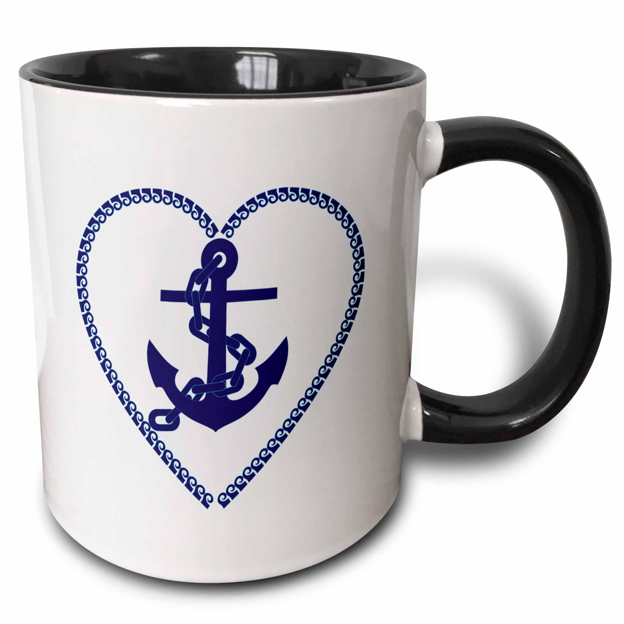 3dRose Image of Blue Anchor in Heart 11oz Two-Tone Black Mug