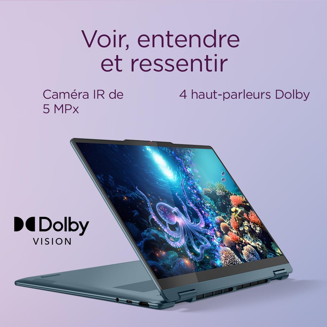 Lenovo Yoga 7 2-in-1 14AKP10 Ordinateur Portable 14" OLED AMD Ryzen AI 5 340 RAM 16Go SSD 512Go AMD Radeon 840M Windows 11 Home Clavier AZERTY Tidal Teal