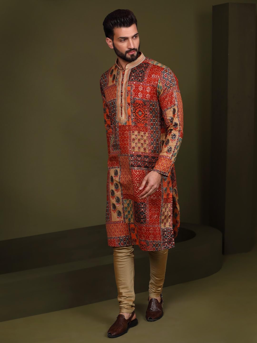 Kisah Men Red Kurta, Cotton, Full Sleaves, Knee Length, Straight, Regular Fit, Mandarin Collar Ethnic Wear, 38