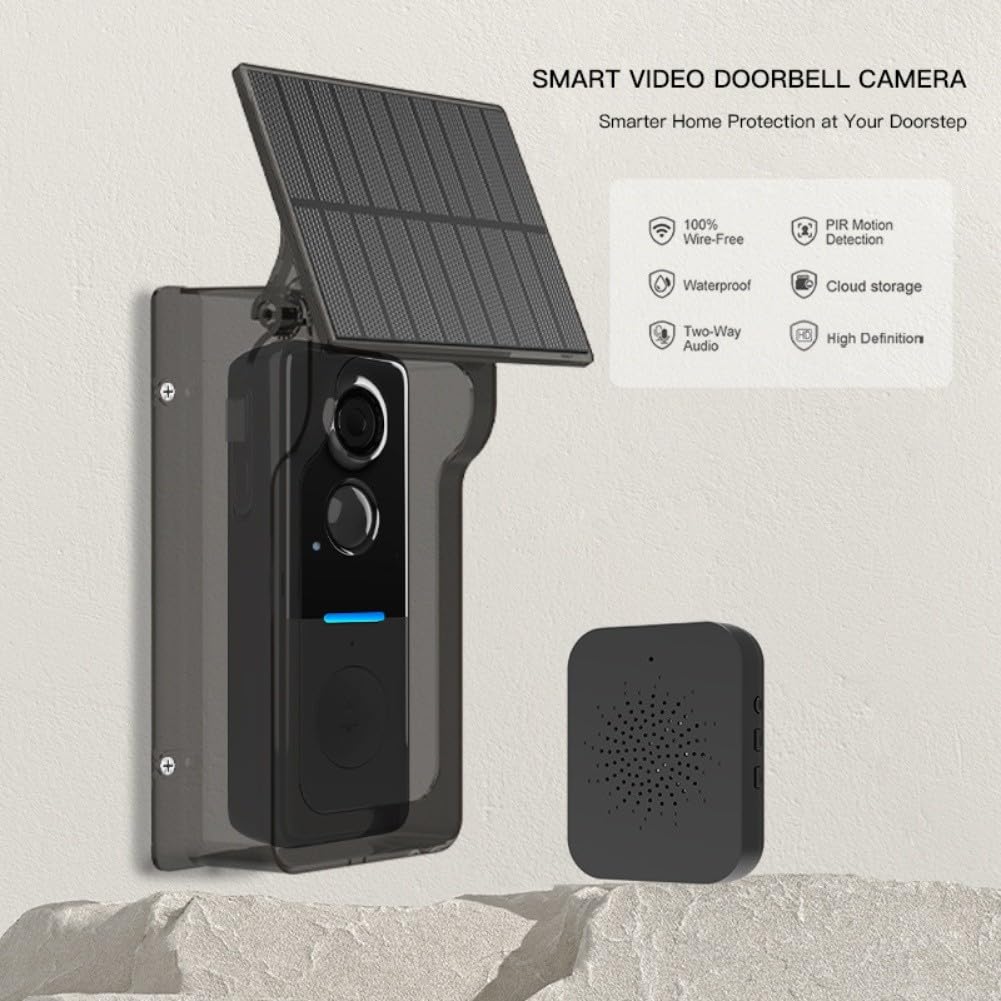 Whychstore Caméra de Sonnette Sans Fil avec Couverture Solaire, Vidéo 1080P, Interphone avec Vision Nocturne et Détection de Mouvement PIR, Sécurité Intelligente pour la Maison IP65 Étanche pour Tuya