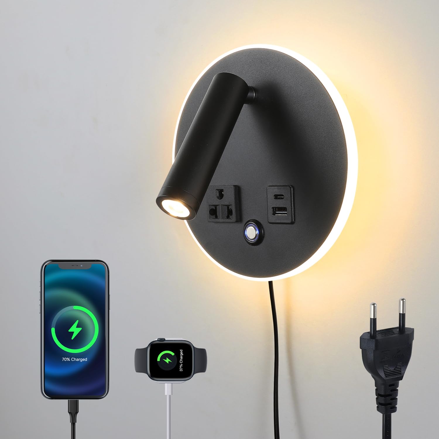 Możliwość ściemniania, regulowana lampa do czytania na ścianie, sterowanie dotykowe, port ładowania USB C+A, do sypialni/salonu z odłączanym kablem