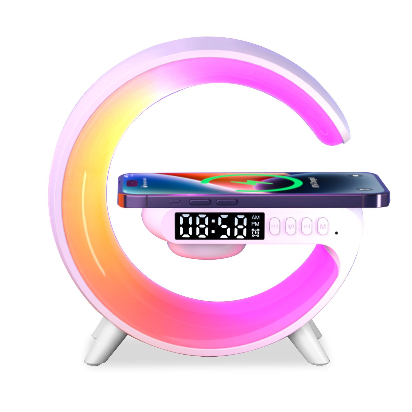 Lampara Cargador Inalambrico, Lámpara de Noche con Cargador Lámpara de Mesa LED Inteligente Lámpara de Atmósfera con Altavoz Bluetooth Lámpara G, 10 Modos de Luces para Oficina, Dormitorio (Blanco)