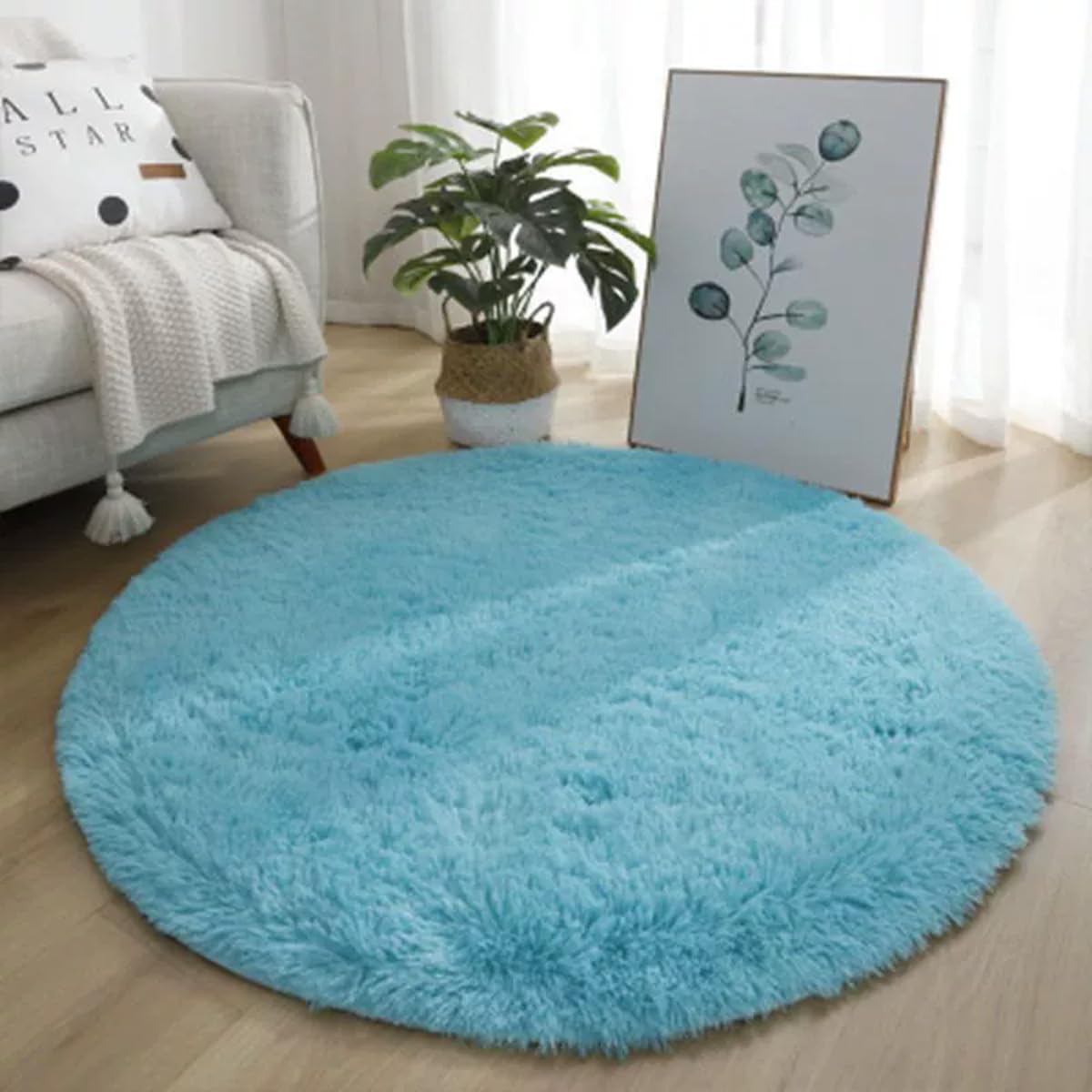 Mozzeilee Round Bath Mat, Plush Machine-Washable Bathroom Shower Floor Rug for Bathtub-Side, Extra Soft Absorbent Fluffy Foot Mat for Hallway Living Room Bedroom (Blue,200cm(Round))