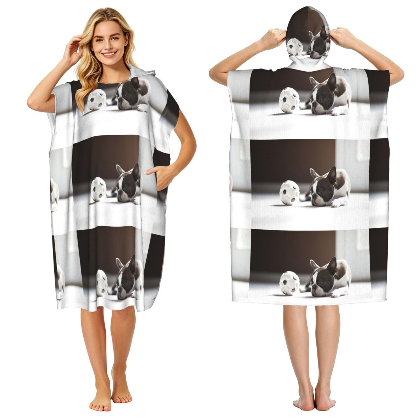 Poadnly French Bulldog, Adult Hooded Beach Towel 90 x 110 cm,Changing Bath Robe, Surf Poncho Towel For Women Men