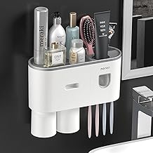 Toothbrush Holder Wall Mounted for Bathroom, Automatic Toothpaste Dispenser Kit with Magnetic Cups Kids & Family Set Toothbrush Holders, Storage Rack &Easy Install, Durable Space-Saving (2 cups, Grey)