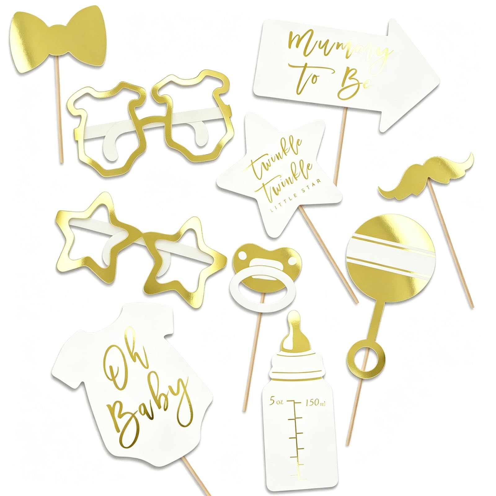 Shensuii 10Pcs Baby Shower Photo Props, Gold Baby Shower Decorations, Pregnant Women Handheld Selfie Props Decorations, Photo Supplies for Boys or Girls Newborn Showers Party