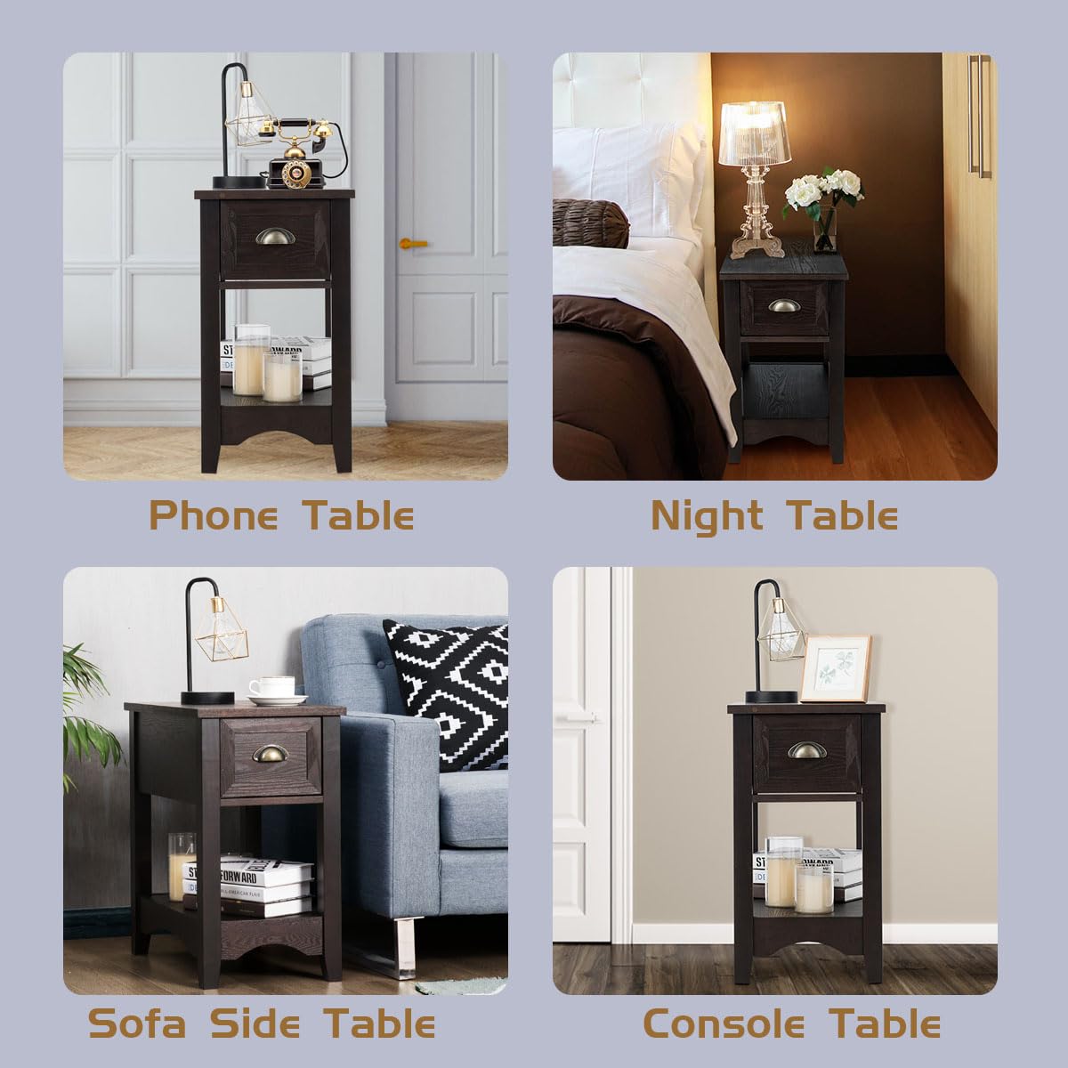 LIFEZEAL Comodino Stretto con 1 Cassetto, Comò a 2 Ripiani in Legno, Mobiletto Camera da Letto, Moderno, Tavolino Basso Laterale da Divano, Gambe in Legno Massello, per Soggiorno, 33x56x58,5 cm, Noce