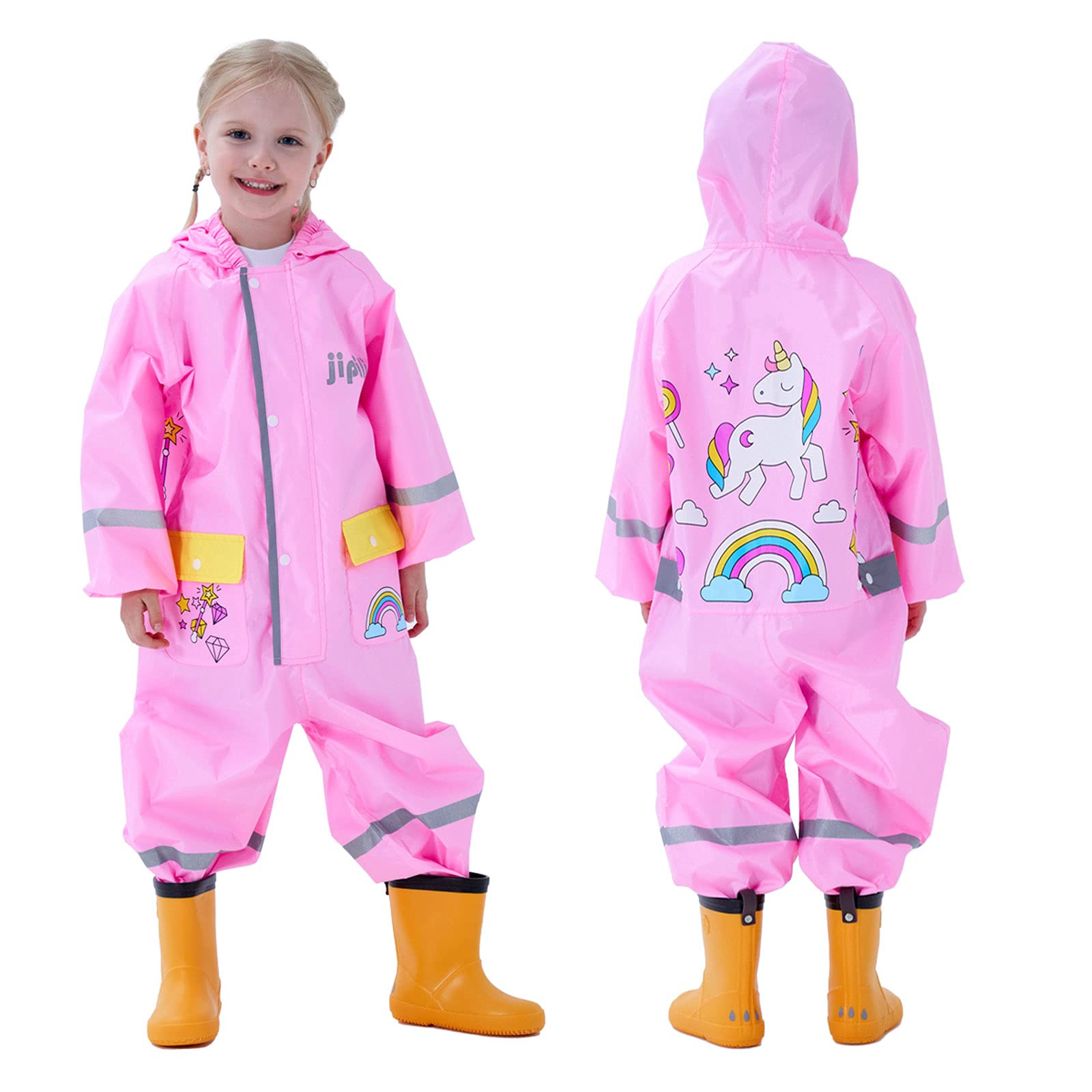 DomueayPuddle Suit for Children Waterproof All in One Rain Suit Boys Girls One Piece Easy Dry Raincoat Hooded Breathable Lightweight Rainwear Muddy Suit with Reflective Stripes for Age 1-8 Years