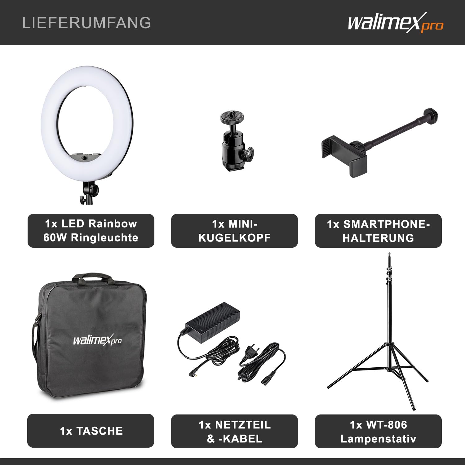 Walimex pro Ring light a LED Rainbow RGB da 60 W con cavalletto fotografico, Luce ad anello per foto e video con supporto smartphone e controllo tramite app