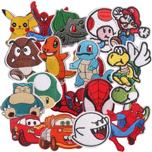 18pcs Cute Embroidery Patches Cloth Stickers Spider Iron on DIY Repair Appliques Car Dinosaur Badges for Clothing Jeans Jackets Pants Dresses Shoes Hats Backpacks