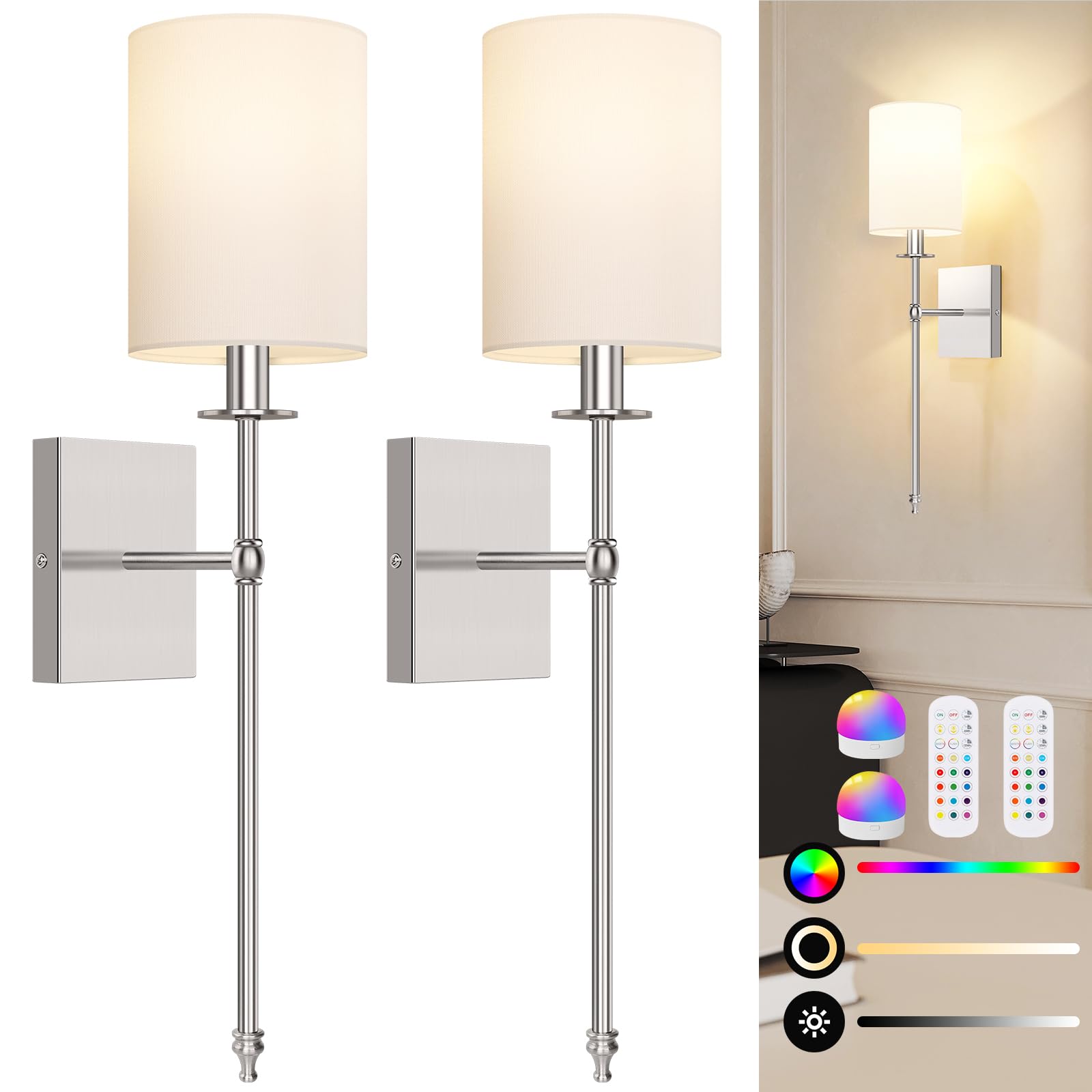 24.5 Inch Battery Operated Wall Sconces Set of 2 with Remote, Brushed Nickel Rechargeable Wireless Wall Lights with White Fabric Shade, Cordless Wall Lamps with Dimmable Detachable Bulbs for Bedroom