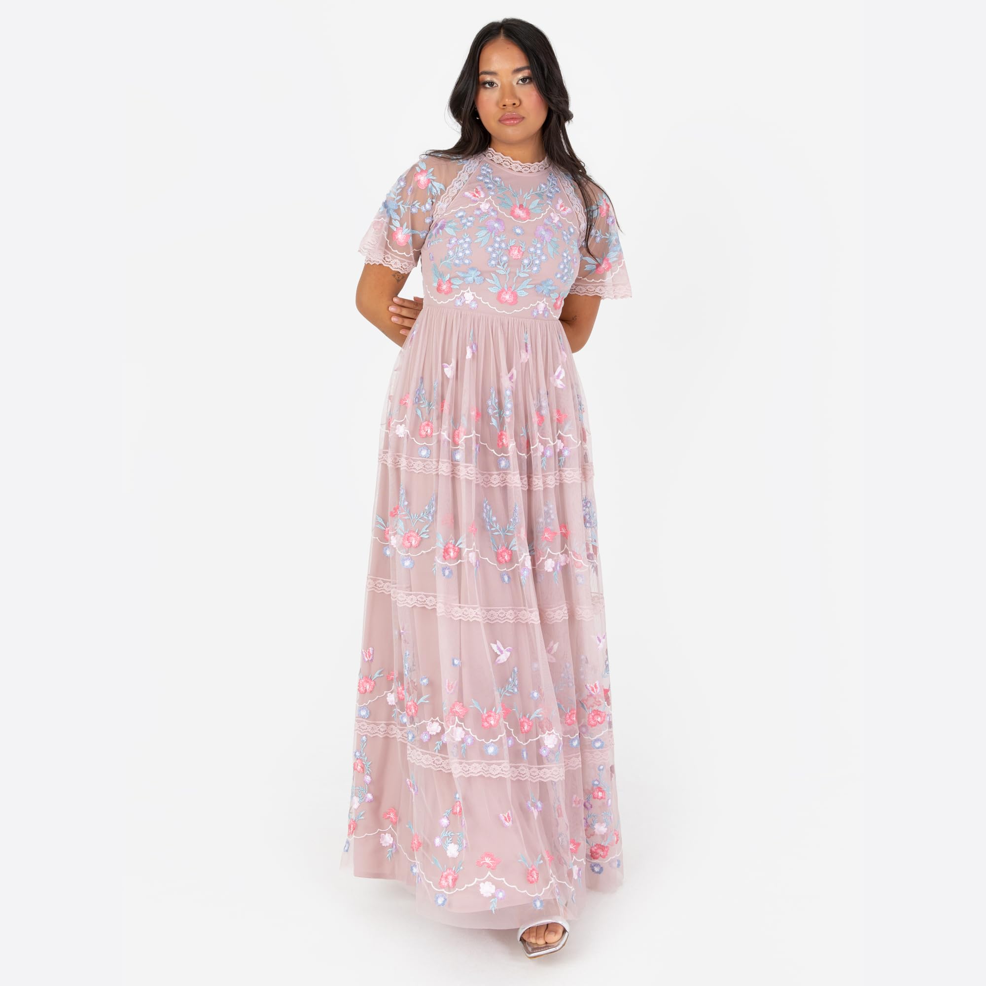 Maya Deluxe Women's Ladies Maxi Dress Short Sleeve Round Neck Floral Embroidered Tulle Lace Trim A-Line Wedding Guest Prom Ball Gown Vestito Donna