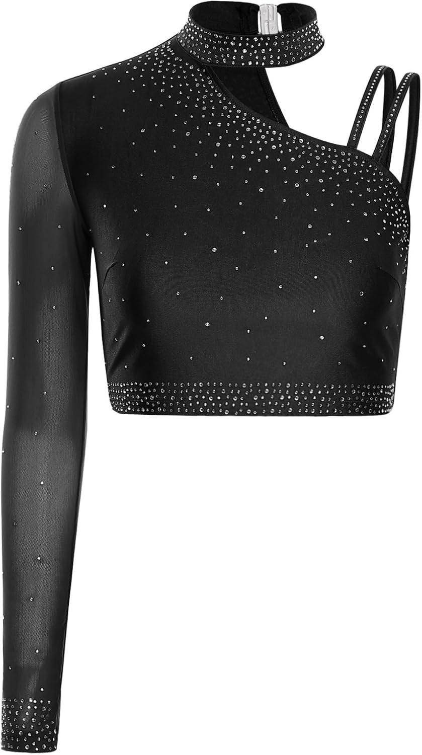 Oyolan Women Modern Lyrical Dance Costume Rhinestone Crop Tops with Pants Skating Gymnastics Ballet Outfit Black Large