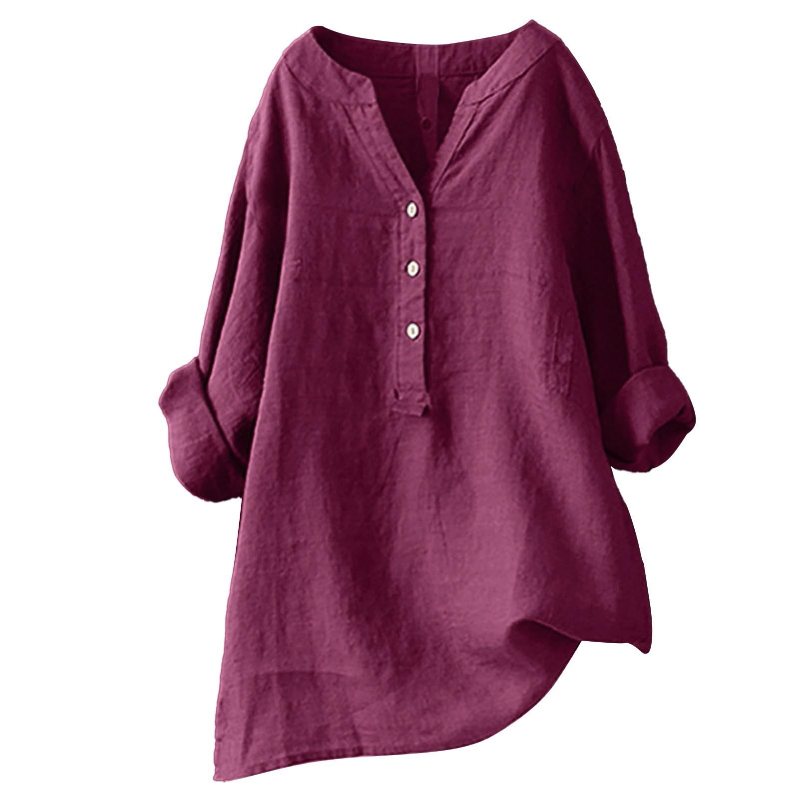 SHOBDW Camiseta de Lino para Mujer,Elegante Blusa de Lino Medieval para,Manga Tallas Grandes,Informal,Holgada,Blusa con Cuello en V,Camisetas de Primavera y Verano,con Botones,Camiseta de Manga Larga
