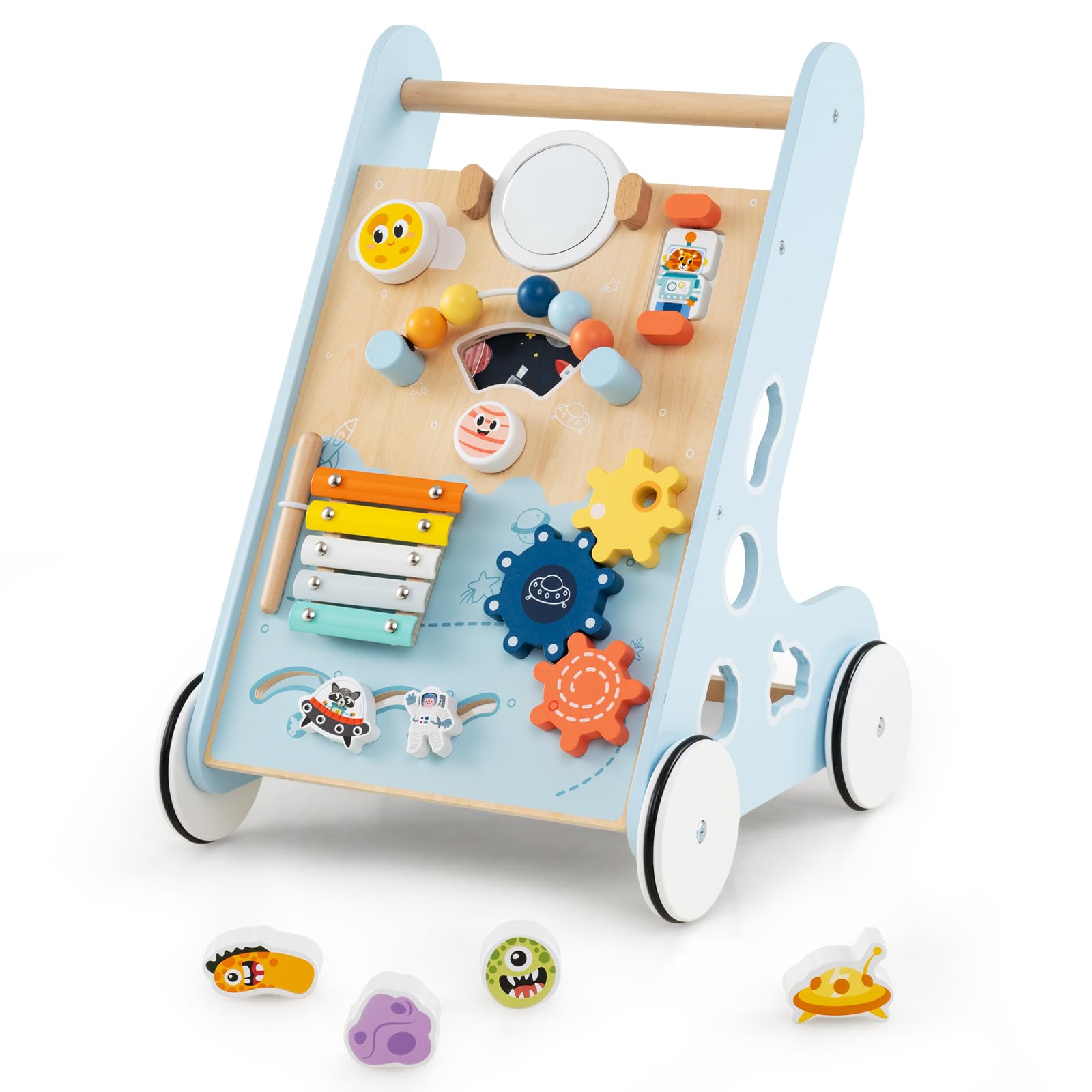 DREAMADE Chariot de Marche en Bois Bébé,Trotteur Bébé Montessori avec Miroir&4 Blocs&Xylophone&Espace de Rangement&Jouet Educatif,Marcheur d'Apprentissage pour Garçons Filles (Bleu Clair)