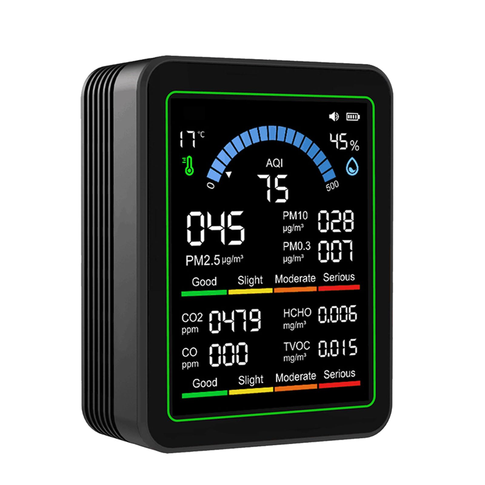 Hsioluted Black Air Monitors Indoor Professional Pm2.5 Pm10 Particle Counter, Humidity, Tvoc Formaldehyde, Temperature Air Tester For Home