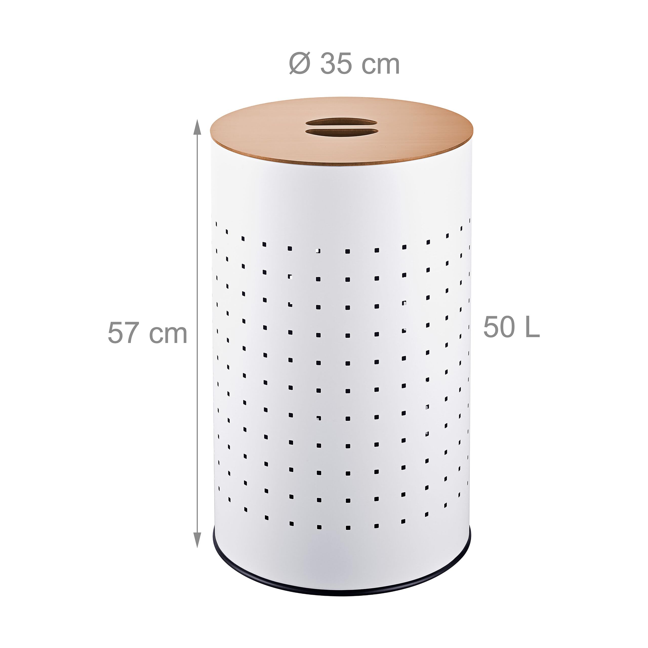 Relaxdays cesto portabiancheria con coperchio, metallo, bianco/naturale | 50 l, HxD: 57 x 35 cm, forato