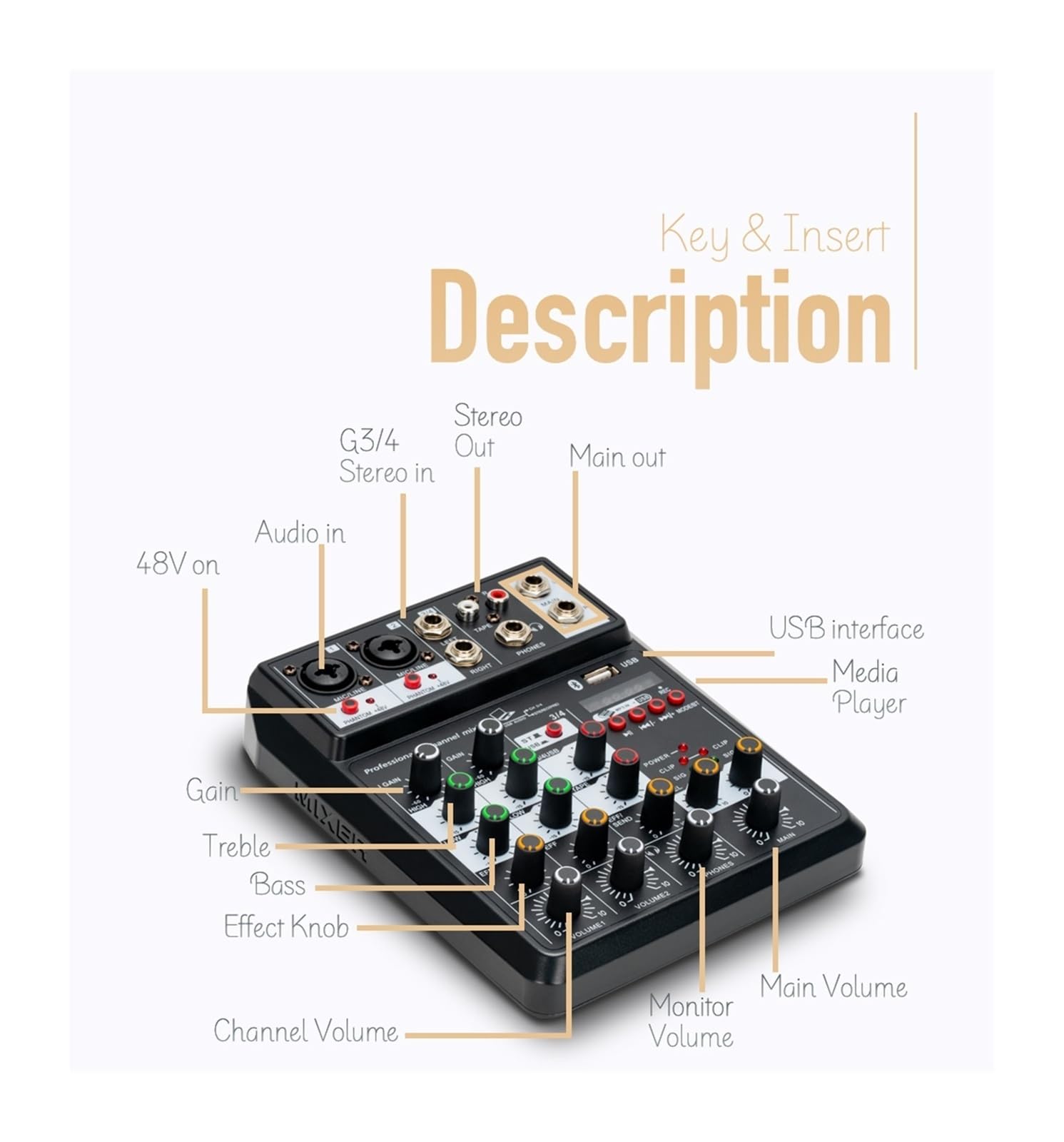 Mélangeur audio, Mixeur de son professionnel 4 canaux 48 V Alimentation fantôme Reverb FX Console mixage DJ Lecteur USB Musique Stéréo