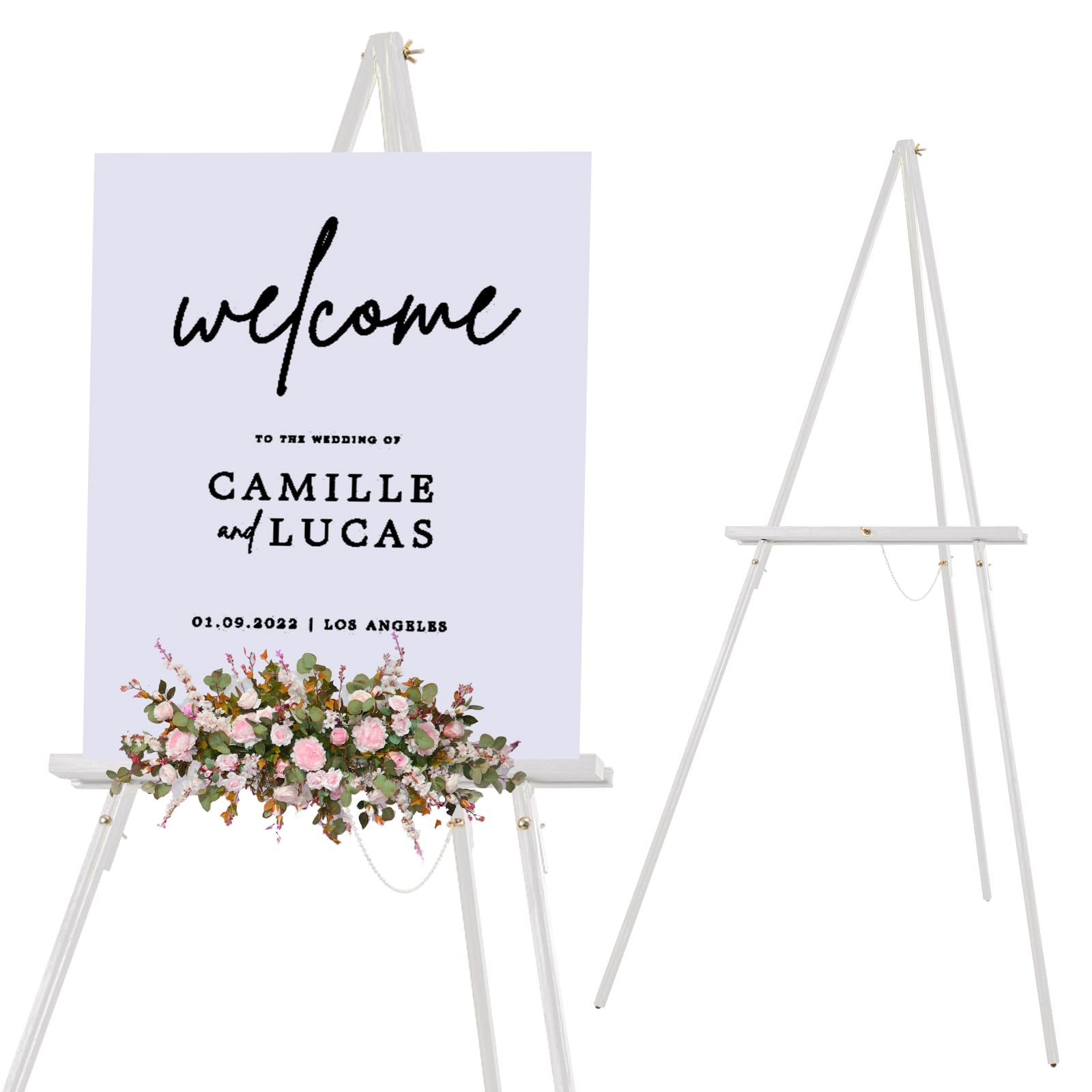 falling in art 65" a-frame tripod easel stand, wooden display easel with adjustable canvas holder, floor easel for wedding signs, posters, paintings, artwork(white) 1 pack