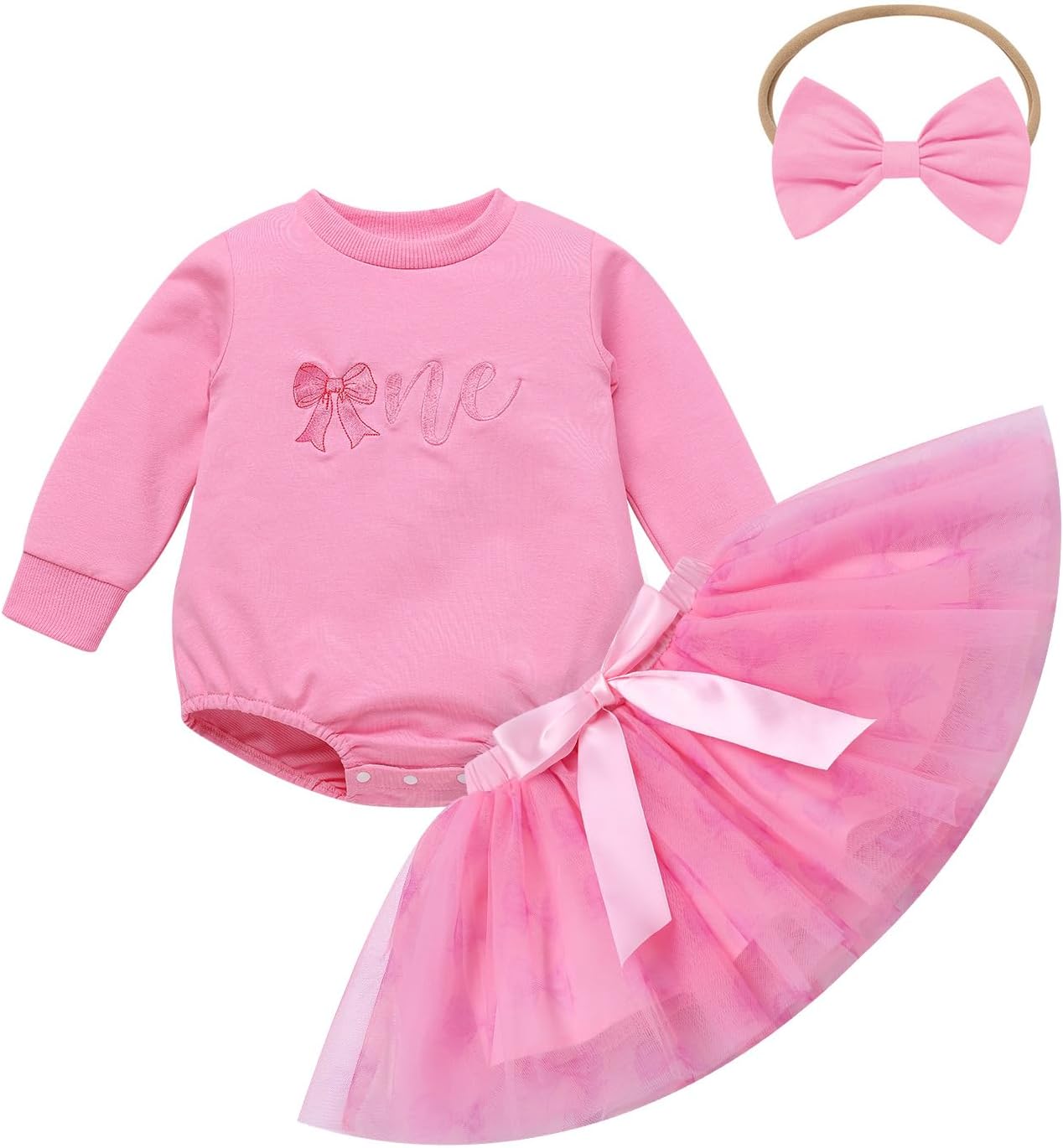 IBTOM CASTLE First Birthday Outfit Girl Baby Long Sleeve Romper Tutu Skirt with Headband Fall Winter Photoshoot Clothes