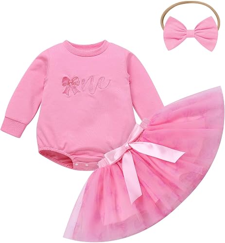 IBTOM CASTLE Baby Girl First Birthday Outfit Long Sleeve Bow Bubble Romper Tutu 