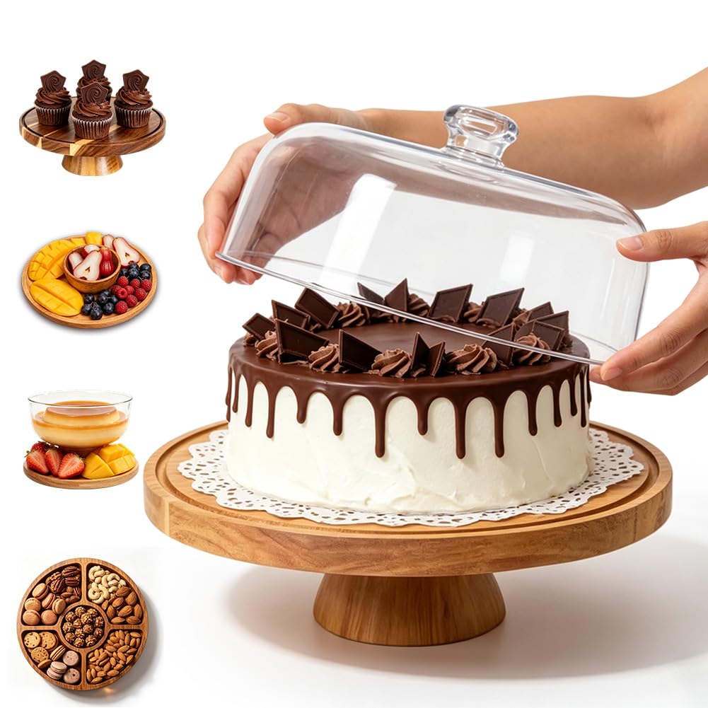 FARYODI Soporte para tartas con tapa, soporte para tartas con pie, plato multifuncional para tartas de madera, expositor de postres para bodas, fiestas, regalos de repostería, platos de frutas de