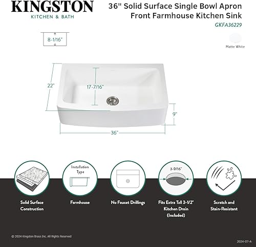 Miniatura 9 de Gourmetier GKFA36229 Arcticstone - Delantal de superficie sólida de 36 x 22 pulgadas, fregadero de cocina de un solo tazón, blanco mate