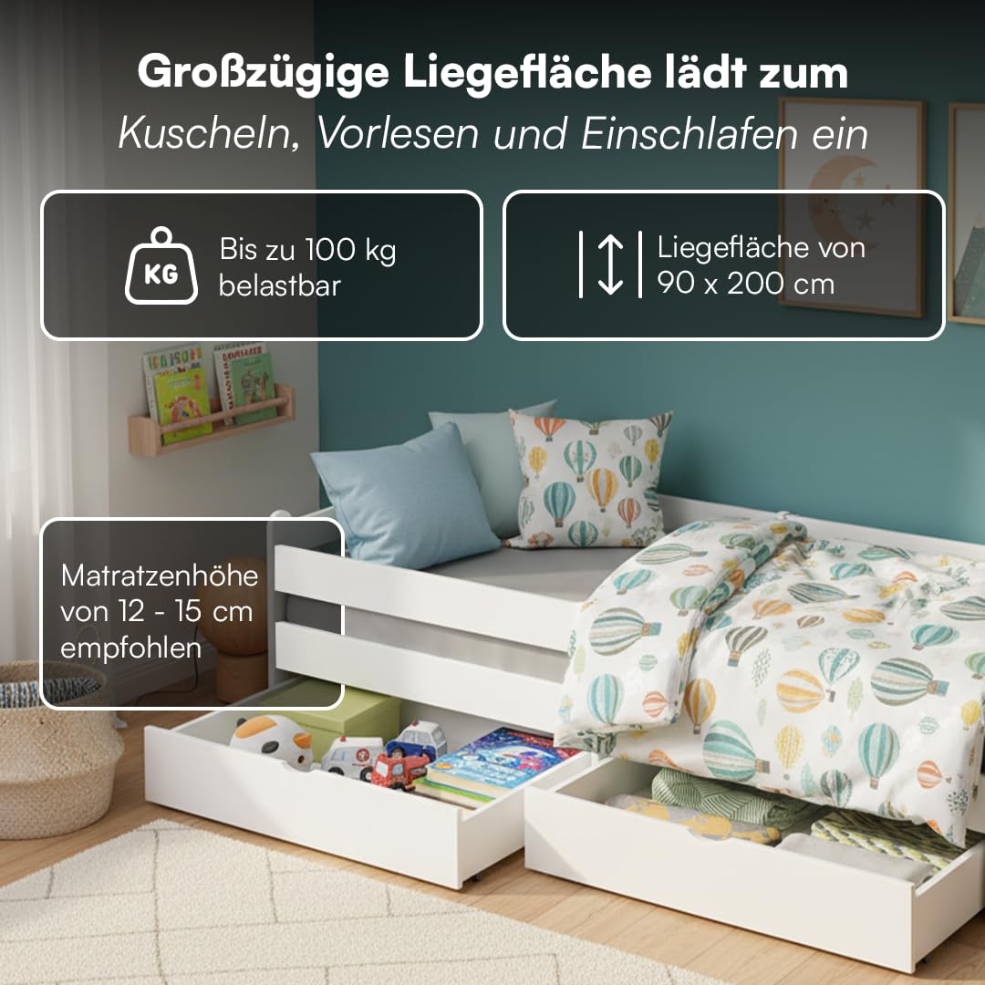 Bellabino Kuru Kinderbett 90x200 cm – Jugendbett mit 2 Schubladen - Kinder Bett mit Rausfallschutz & Lattenrost – Einzelbett für Jungen und Mädchen für Kinderzimmer – Kids Bed mit Stauraum in Weiß