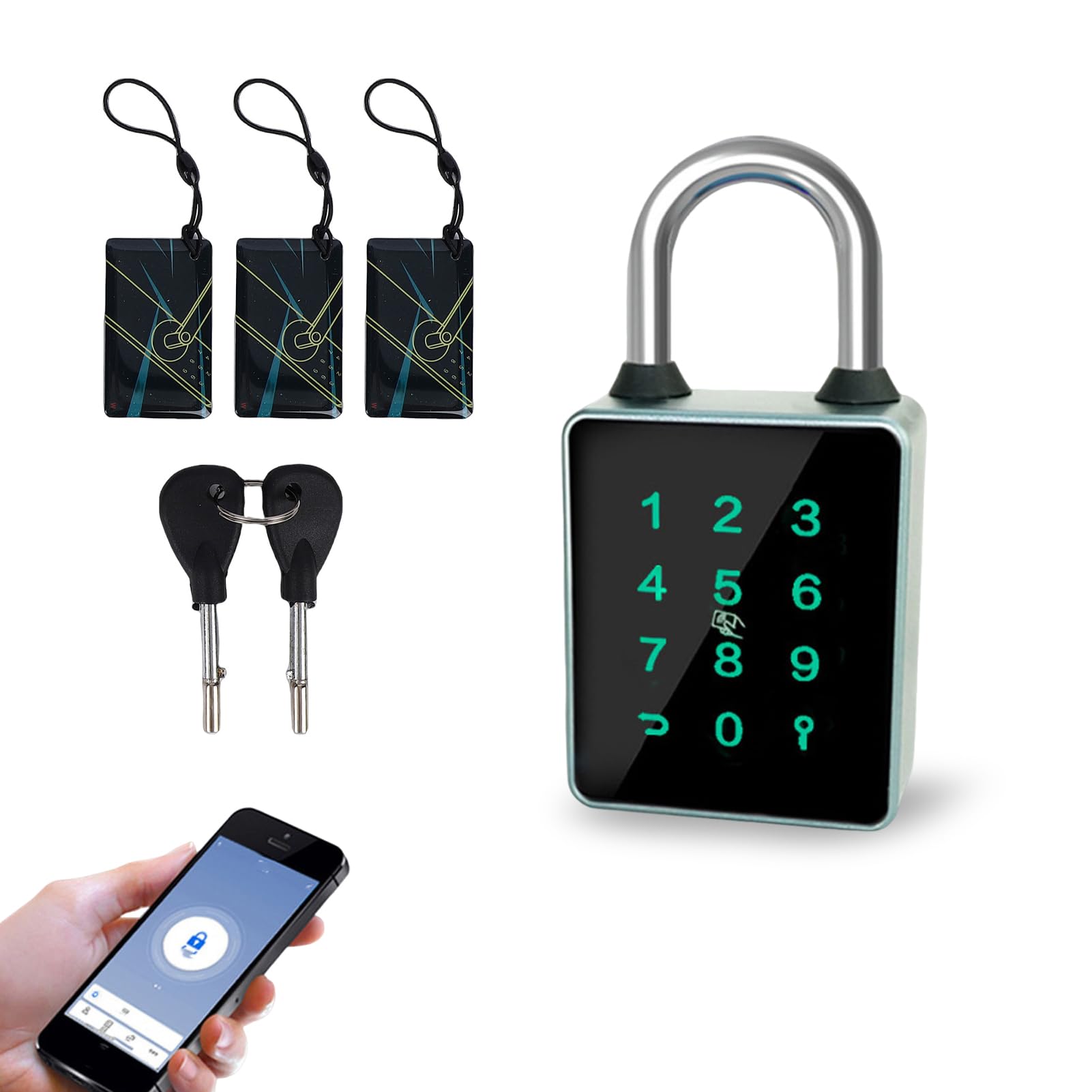 VBESTLIFE Candado de Huella Digital con Copia de Seguridad de Llave, Cerradura de Puerta de Combinación Inteligente para Exteriores a Prueba de Agua con 3 Tarjetas IC, Candado Inteligente