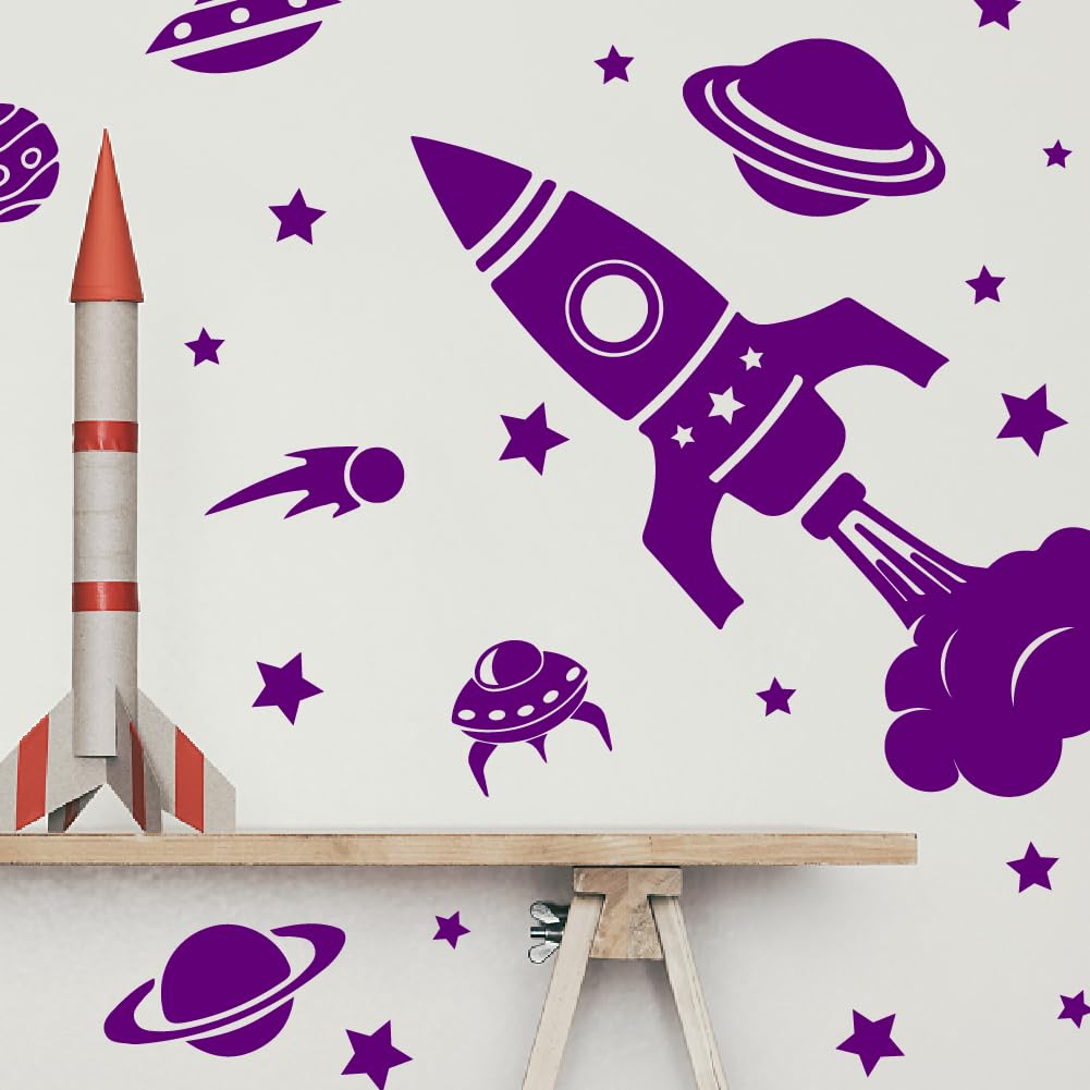 SUPERDANT Simple Planet Rocket Wall Decals Outer Space Wall Sticker DIY Purple Wall Sticker Murals Stickers for Kids Bedroom Nursery Living Room Decoration