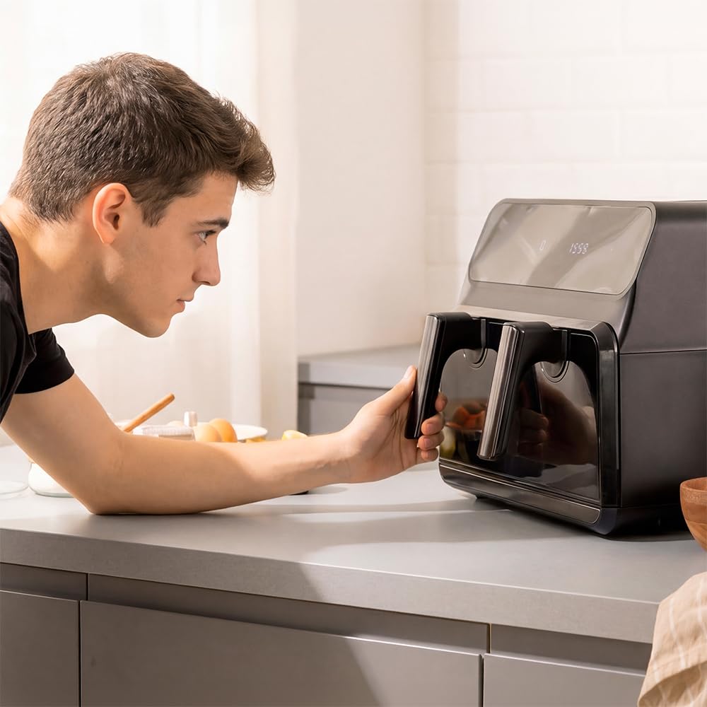 Cecotec 9L Cecofry Advance 9000 Windows Frytkownica powietrzna, bezolejowa, 2200 W, podwójne wiadro 4,5 l, ścianka działowa, podwójna temperatura, wyświetlanie okna, 8 menu, Temp 60-200 stopni, panel