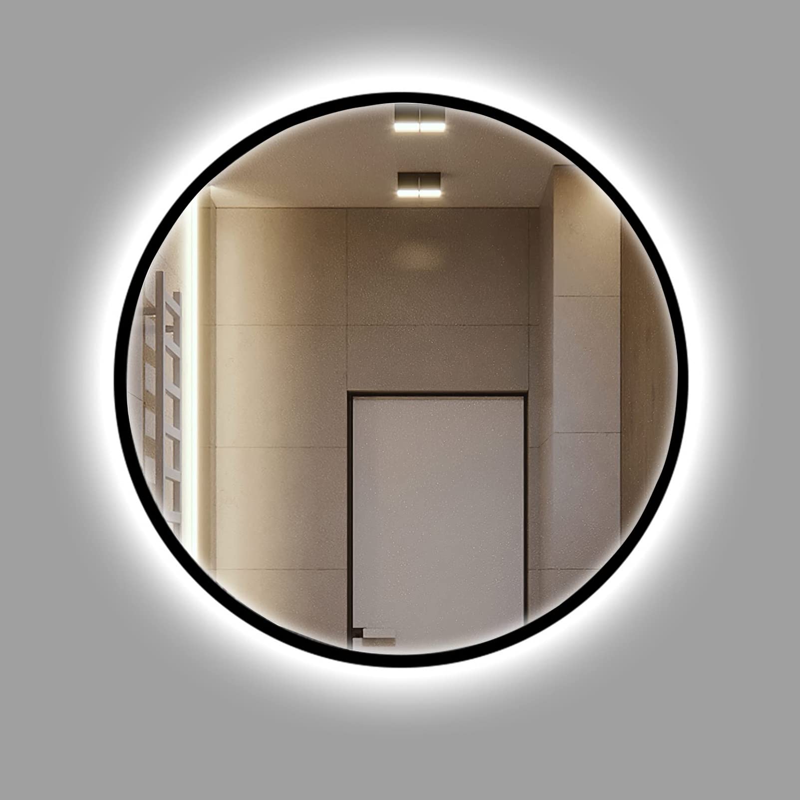 Miroir salle de bain LED 70cm : grand miroir circulaire noir éclairé