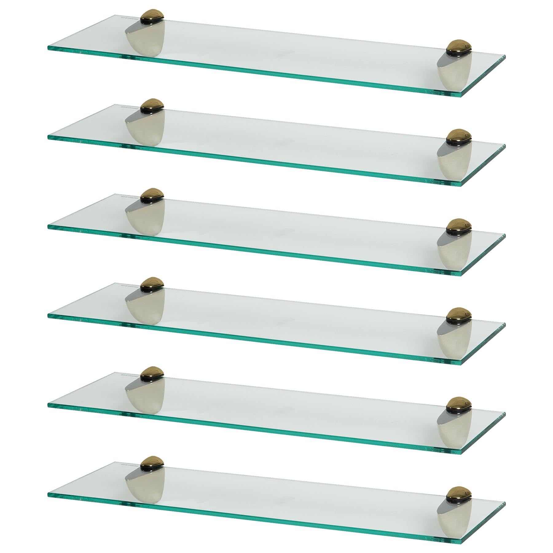 Harbour Housewares Floating Glass Bathroom Shelves - 60cm - Clear/Gold - 6x Wall-Mounted Kitchen Bedroom Shower Room Décor Caddy Towel Storage Organiser Shelving Rack with Brackets
