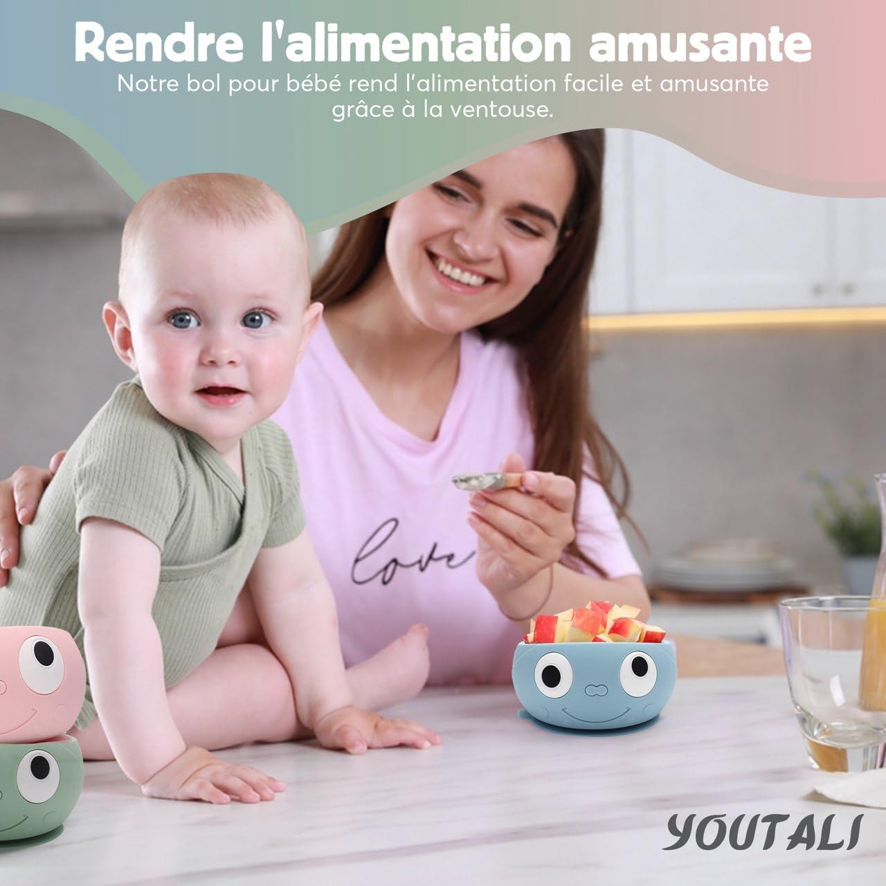 Ensemble de 3 Bols Ventouse Pour Bébé en Silicone Alimentaire, Rose, Vert Et Bleu Avec Smiley, Pour Une diversification alimentaire bébé Sans BPA, Micro-Ondable Et Lave-Vaisselle