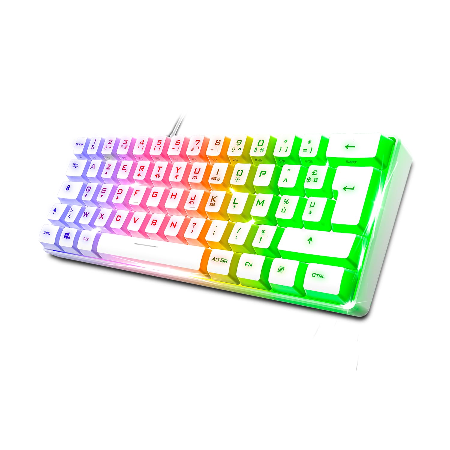 Spirit Of Gamer Pro K2, teclado gamer con cable semimecánico, formato compacto TKL 60%, 62 teclas, 24 teclas antifantasma, retroiluminación RGB arco iris, altura ajustable, color blanco