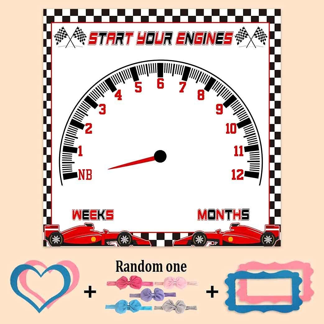 Baby Monthly Milestone Blanket, Racing Car Speed Disc Check Flag Blanket for Nursery, Unisex for Newborn 1-12 Months, Includes 4 Frame and 1 Headband 47"x47" BTLSPH343
