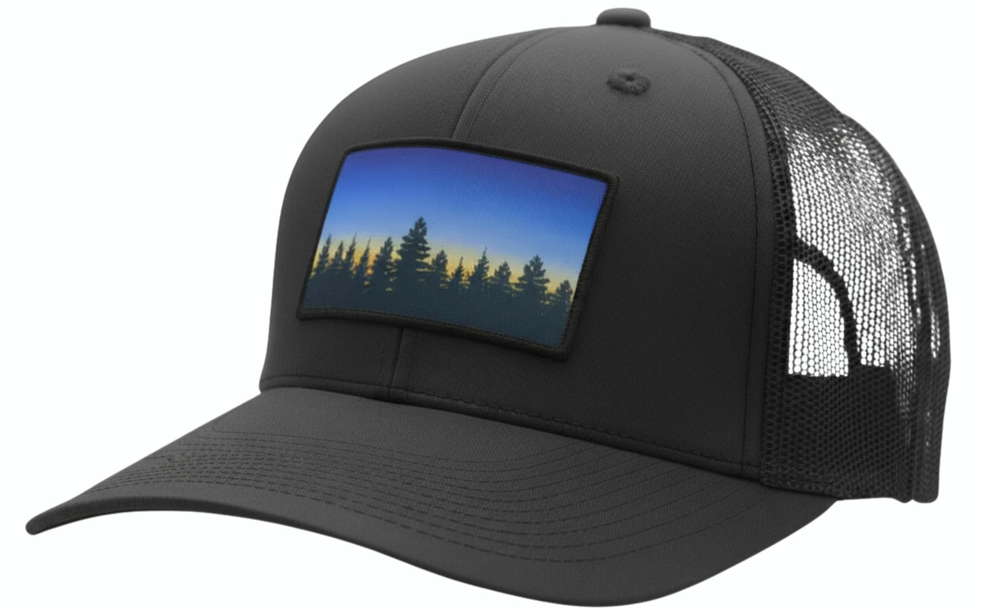 LINDO Trucker Hat [ Treeline Sunset Design ] for Men and Women: Mid Profile Cap with Breathable Mesh Back and Adjustable Snap