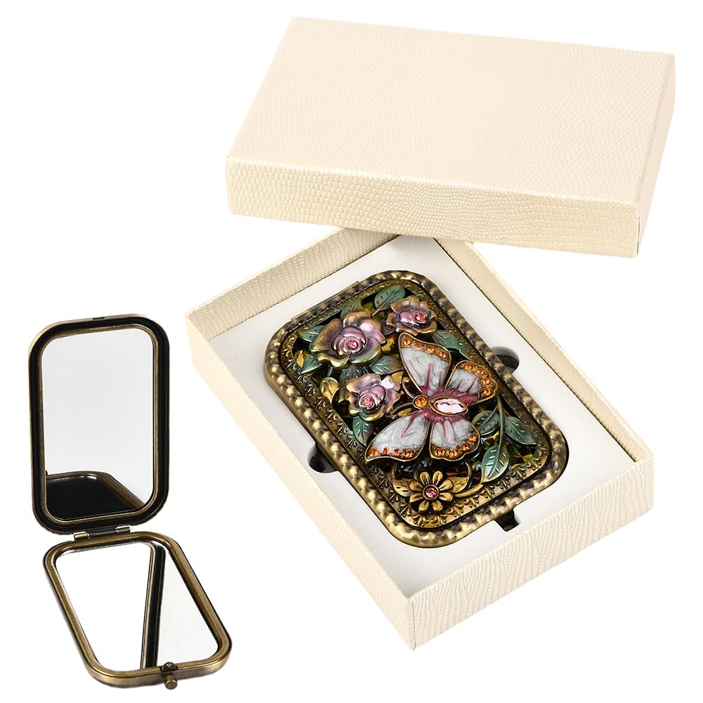 SOFPLATE 1Pcs Vintage Foldable Makeup Mirror Portable Cosmetic Pocket Mirror Butterfly Pattern Double Sided Compact with Normal and Magnifying Glass Touch up Essential Mini Vanity for Women Travel — image 1