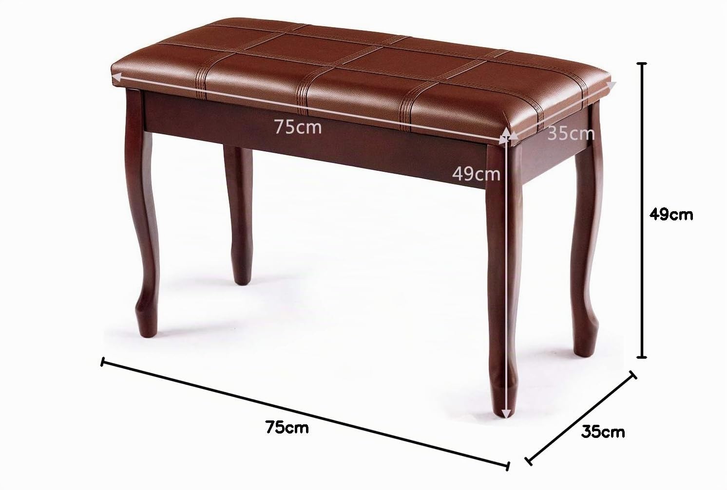 COSTWAY Banquette Piano 2 Places en Bois, avec Pieds Curvés, Coussin Rayé Rembourré en Cuir PU et Compartiment de Rangement, 75x35x49CM, Charge Max 150KG, pour Usage Professionnel/Privé (Marron)