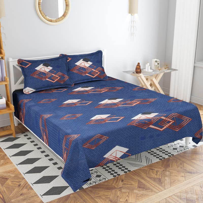 BSB HOME Cotton Feel Double Bed Sheetsheets with 2 Pillow Covers | Double Bed Sheet Breathable | Wrinklefree | Ultrasoft 160 TC Supersoft | 90x90 Inches, 7x7.5ft (Dark Blue & White)