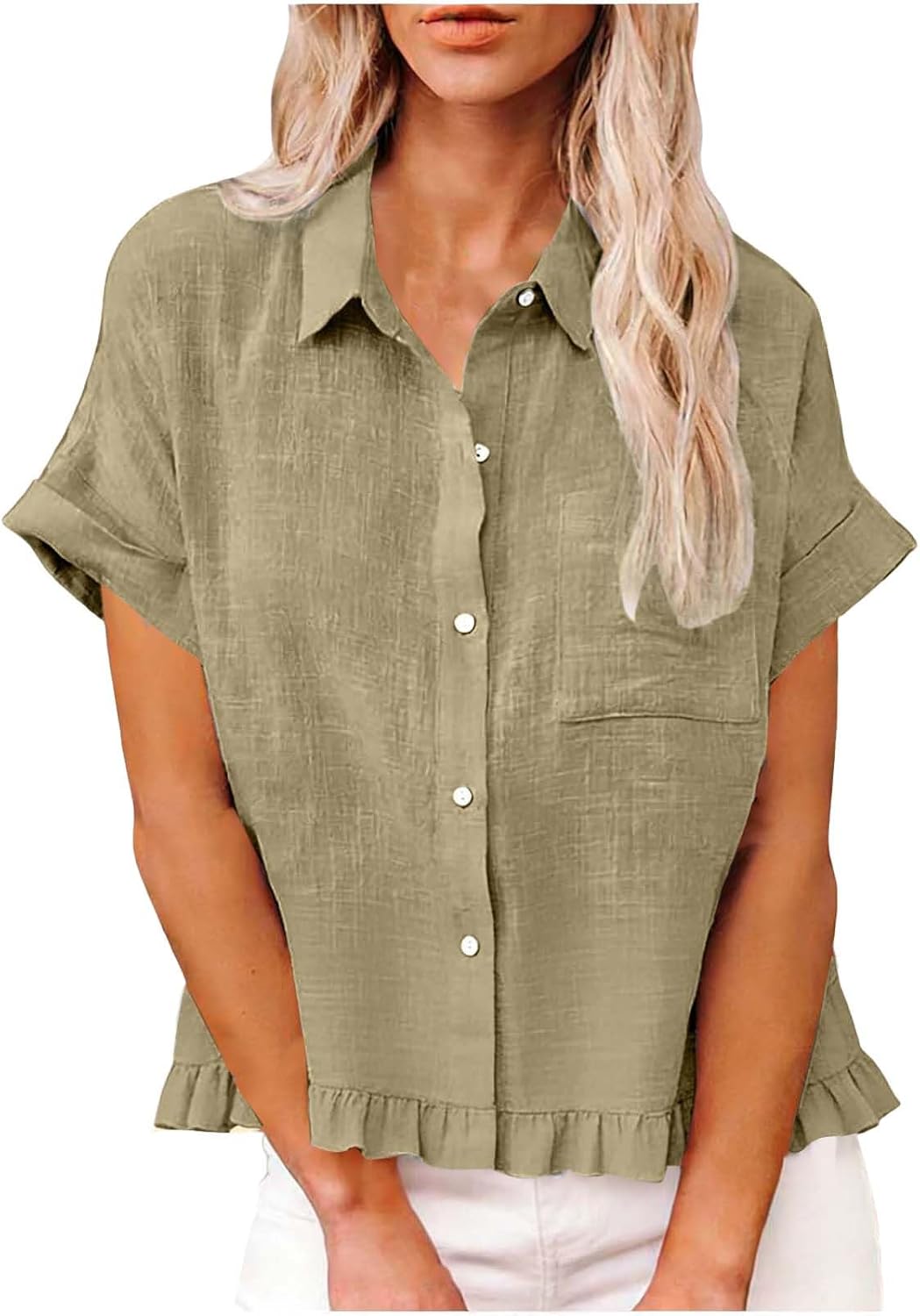 Womens Cotton Linen Collared Blouse Button Down Short Sleeve Loose Fit Top Summer Casual Ruffle Hem Top with Pocket