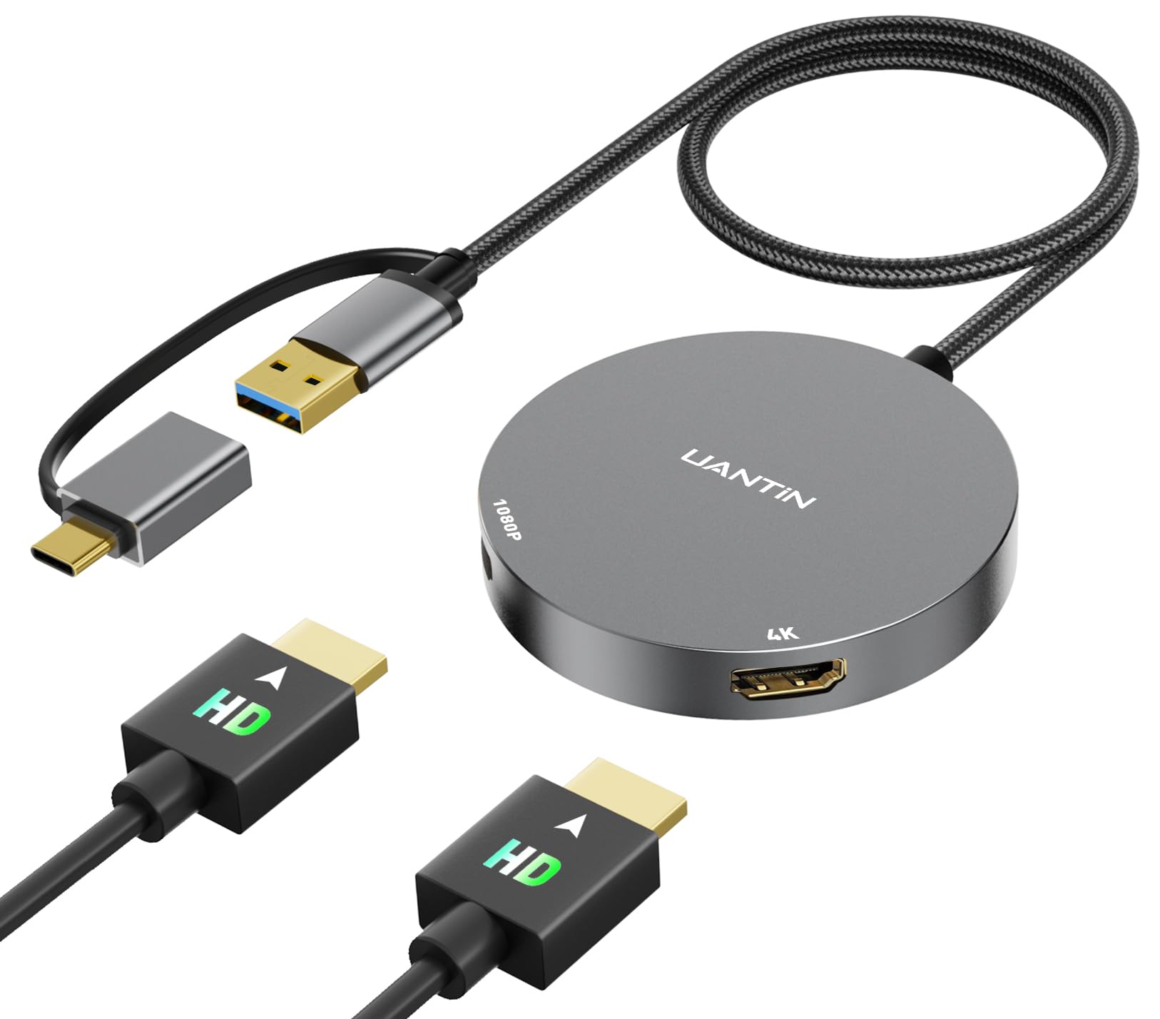 UANTIN USB 3.0 or USB C to Dual HDMI Splitter Extender Display for Windows and Mac M1/M2/M3 | 4K/1080P USB C to HDMI Adapter for Dual Monitor, Multiple for Thunderbolt MacBook, Dell, HP, Lenovo etc