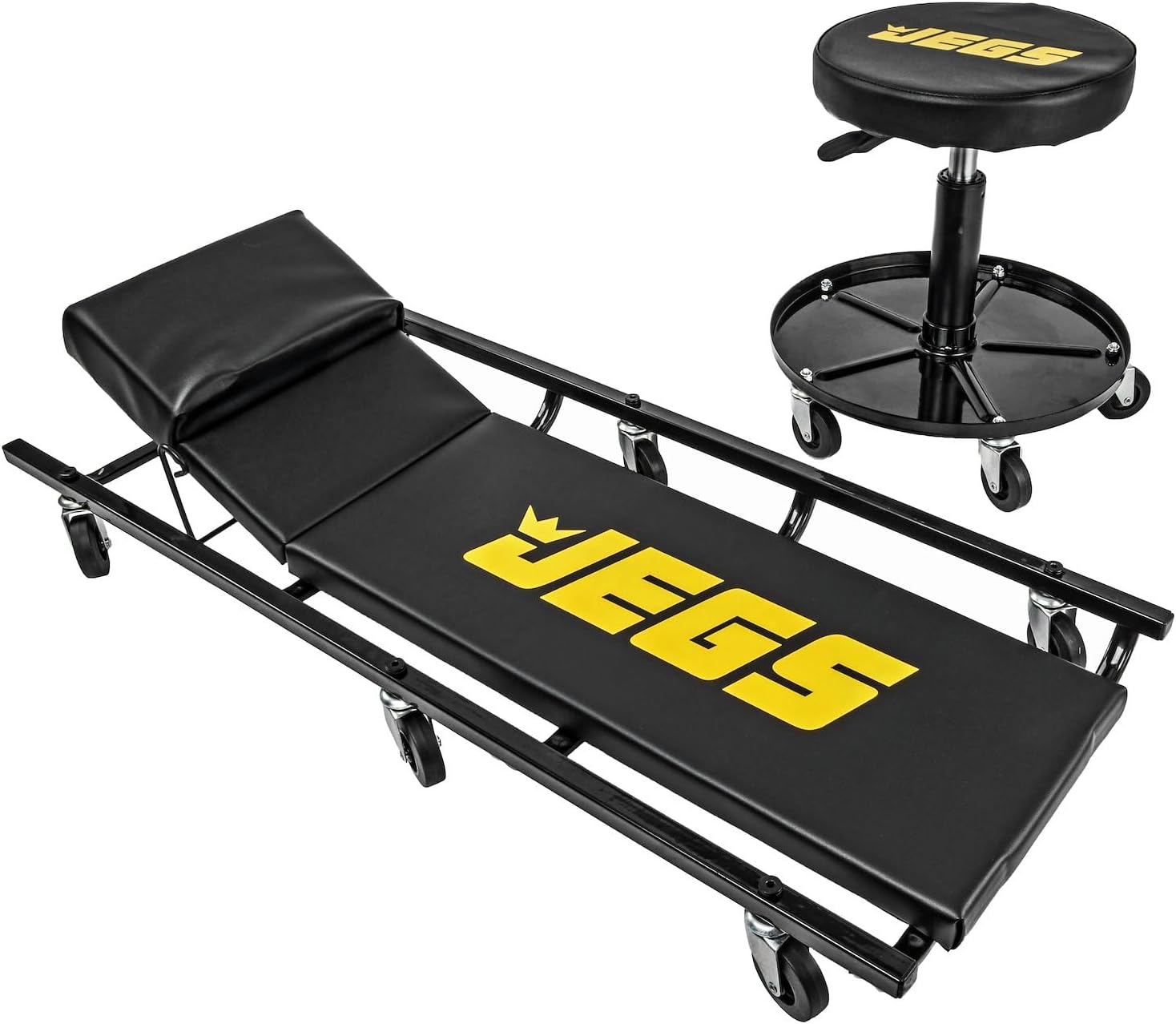 JEGS Automotive Creeper and Air Seat - Black Logo - 350 LBS Creeper Capacity - 250 LBS Seat Capacity - Memory Foam Padding - Adjustable Height Air Seat