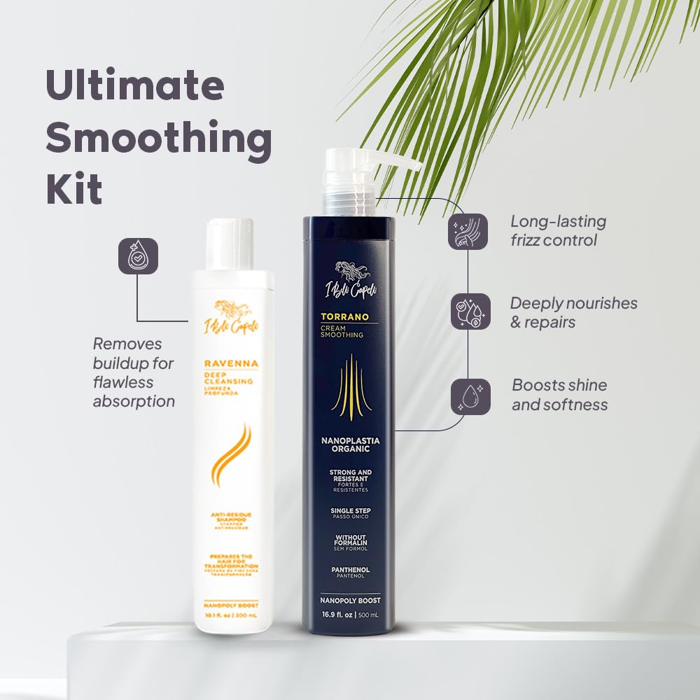I Belli Capelli Torrano Keratin-Haarbehandlung 1-Schritt-Glättung, formaldehydfrei – Nanoplastia zum Haarglätten 500 ml (16.9 fl.oz) + Tiefenreinigendes Shampoo 300 ml (10.1 fl.oz)