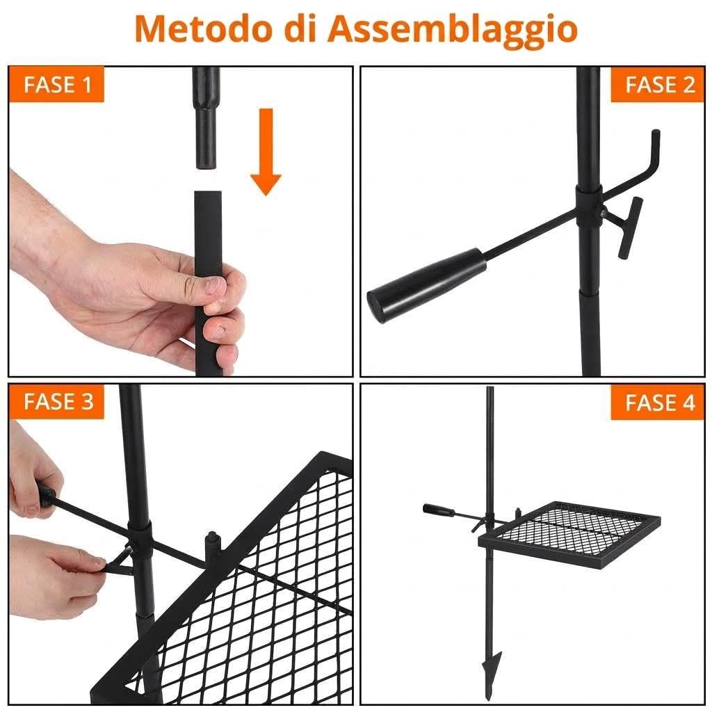 Garvee Griglia girevole da campeggio in acciaio pesante 360° - Altezza regolabile - Portatile per barbecue esterno - Borsa trasporto inclusa - 42x32cm, verticale, grill, set due pezzi 16.7x12.6cm