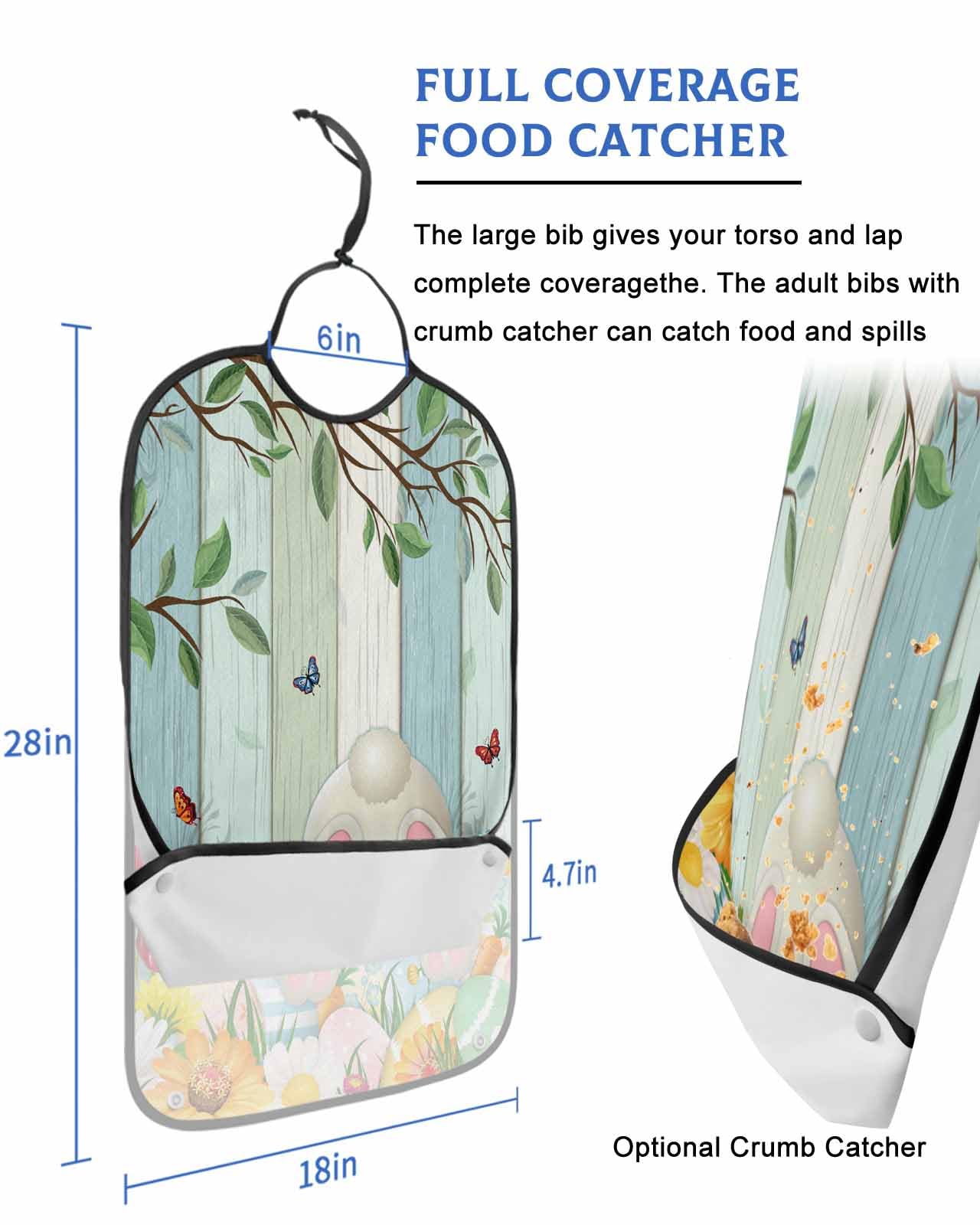 LEOKOTI Spring Easter Adult Bibs for Eating, Waterproof Bibs with Food Catcher & Adjustable Snap Closure, Colorful Eggs Bunny Flowers Teal Wooden Washable Clothing Protectors Adult Bibs for Elderly