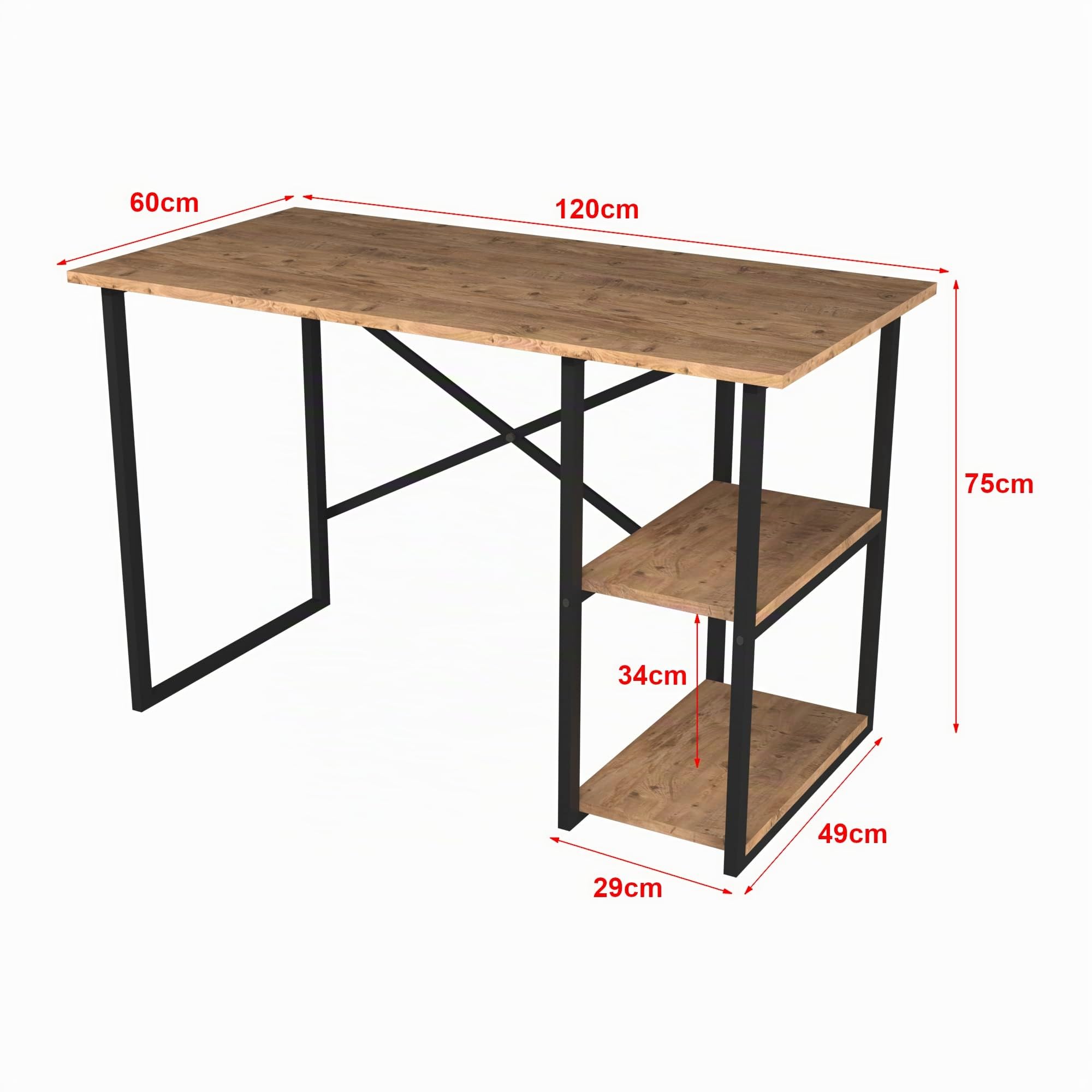 [en.casa] Scrivania con 2 Ripiani Laterali (AxLxP) 75 x 120 x 60 cm Postazione di Lavoro Tavolo da Studio con Telaio in Metallo Nero e Piani in Effetto Rovere