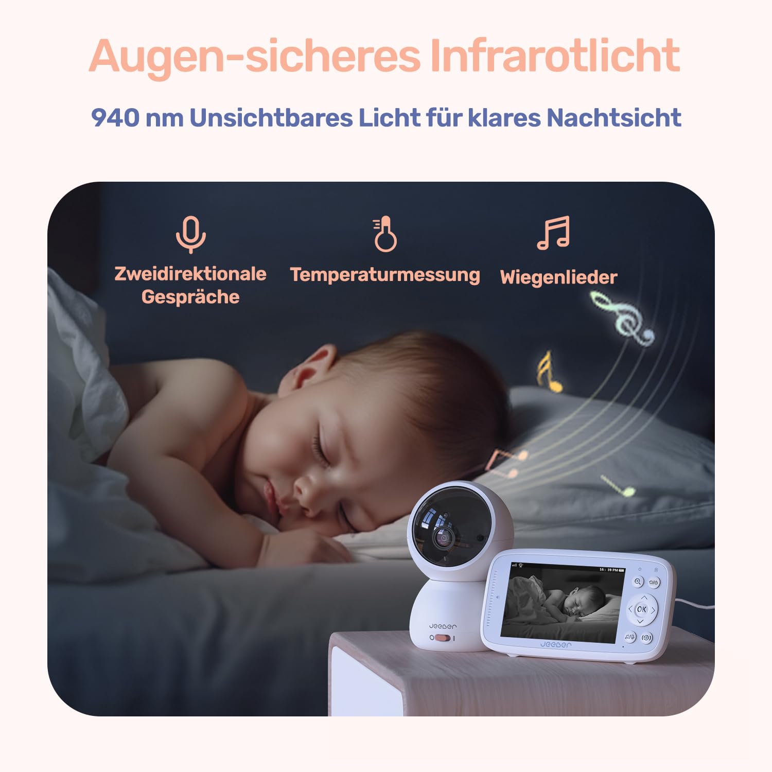 360 Grad Babyphone mit Kamera, 4'' IPS WLAN Video Babyfon, Nachtsicht, 2 Wage Audio, Bereich alarme, Temperatur, 500m hohe Reichweite Baby Kamera und APP ohne ABO
